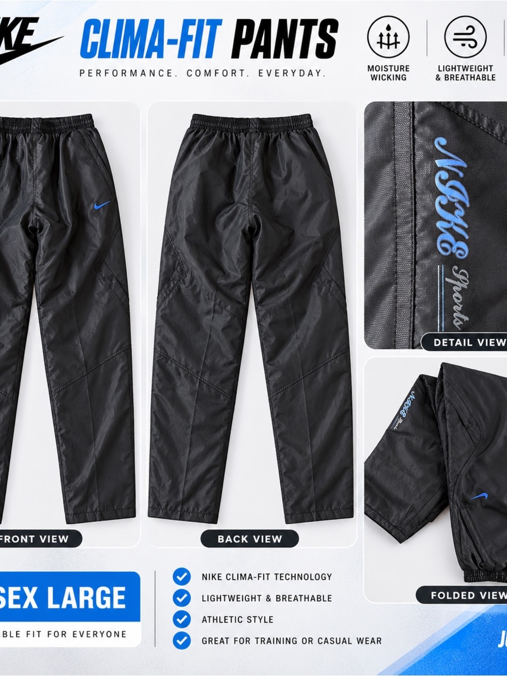 Nike Black Clima-Fit unisex kids large, Athletic Joggers with Blue Accents